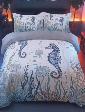 Juego de ropa de cama de 3 piezas con estampado de caballito de mar (1 funda nórdica + 2 fundas de almohada, sin edredón incluido), con estampados d - Shein - FashionsVida