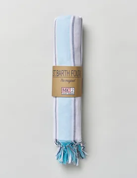 Telo mare bianco in cotone a righe azzurre e blu - MC2 SAINT BARTH - FashionsVida