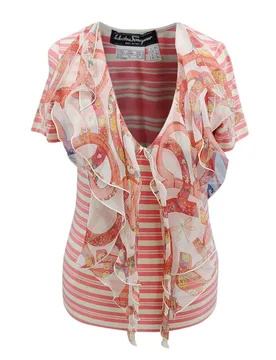 Ferragamo Striped Silk Scarf Detail T-Shirt - Salvatore Ferragamo - FashionsVida
