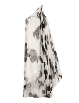 Chiffon Dress with an All-over PrintAsymmetrical Neckline with Metal Detail on the Left Shoulder