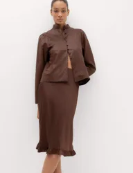 Satin Ruffle Hem Midi Slip Skirt Chocolate female