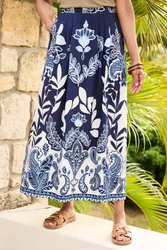 Women's Printed Pull On Maxi Skirt in Navy Size: 10 - Navy - Size: 10
