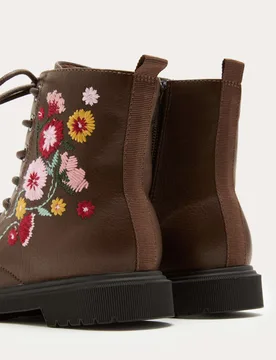 Kids' Floral Embroidered Lace Up Boots (4 Small - 2 Large) Brown Female - M&S - FashionsVida