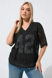 Lace V-Neck T-Shirt - Black - Size: 16