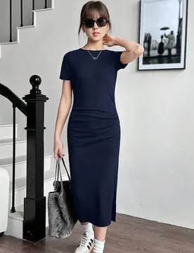 Vestido casual de punto con cintura acanalada y plisada con abertura para adolescentes - Shein - FashionsVida