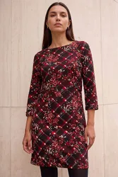Women's Floral Plaid Panel Shift Dress in Wine Size: 16 - Wine - Size: 16