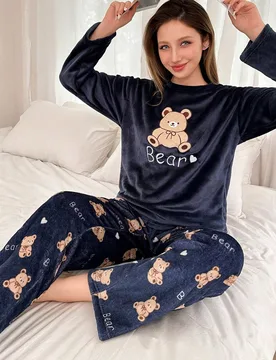 Conjunto de pijama de 2 piezas con bordado de oso de peluche, suave y esponjoso, para otoño/invierno, ropa de otoño e invierno, acogedor - Shein - FashionsVida