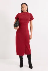 Ponte High Neck Midi Dress - Red - Size: 10