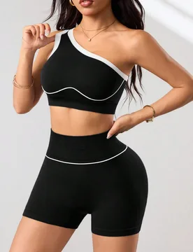 Conjunto de Traje Deportivo Negro para Mujer, Camiseta de Tirantes Elástica con Rayas de Color Contrastante, Leggings de Yoga de Cintura Alta Levanta - Shein - FashionsVida
