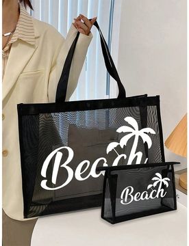 Juego de bolsas de red de gran capacidad, bolsa de playa estampada con el patrón "Beach", bolsa de playa de malla, bolsa de cosméticos de malla, bol