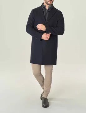 Cappotto blu in diagonale di lana con davantino staccabile - Ashki.i - FashionsVida