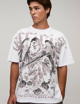 Herren Weißes Übergroßes Gothic-Oberteil Mit Nahtdruck White Größe 2XL