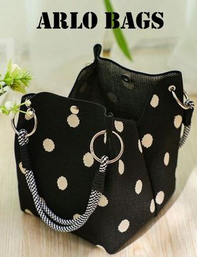 Bolso de lona con lunares, estilo elegante de bolso cubo, bolso de lona multifuncional, asa tejida única, adecuado para uso diario, estilo callejero
