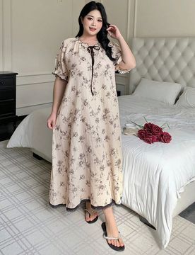 Camisón largo de pijama de talla grande con estampado floral pequeño, ajuste holgado y nudo delantero