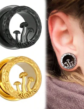 Piezas de túneles y tapones para orejas tipo seta de acero inoxidable 316L, expansores de perforaciones, pendientes y joyería corporal - Shein - FashionsVida