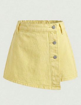 Falda pantalón asimétrica de mezclilla con botones estilo boho casual Y2K para niña preadolescente, para vacaciones de verano y uso diario