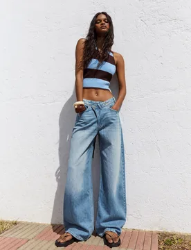 Jean Wide Taille Croisée 42 Bleu Lavé - Bershka - FashionsVida