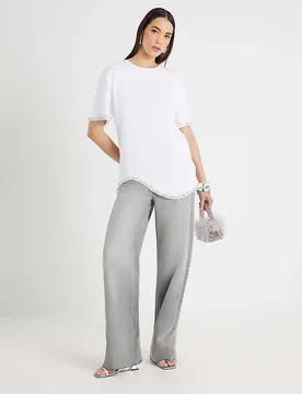 Womens T-Shirt White Scallop Hem Diamante Cotton - Size X-Small - River Island - FashionsVida