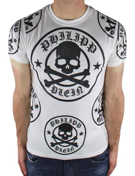 Mens Plum Multi Logo Design White T-Shirt Cotton - Size Large - Philipp Plein - FashionsVida