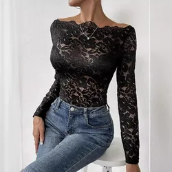 New Collar Edge One-word Collar Off-Shoulder Single Layer Lace Slim T-Shirt Long Sleeve Top