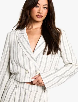 Womens Tall Stripe Linen Look Cropped Blazer - White - Size 14 Uk - Boohoo - FashionsVida