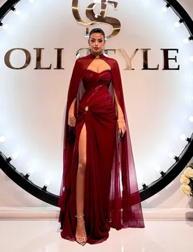 Chiffon Burgundy Evening Dress 2025 Luxury With Cape Mermaid Split Strapless فساتين سهرة فخمة ٢٠٢٥ Customized - Aliexpress - FashionsVida