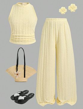 Conjunto de top halter con volantes texturizados y pantalones casuales para niña preadolescente