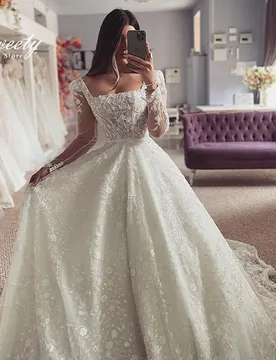 Luxury Wedding Dress Embroidered With Lace Ball Gown Train Square Collar Full Sleeve Bridal Button Vestido De Novia Customized - Aliexpress - FashionsVida