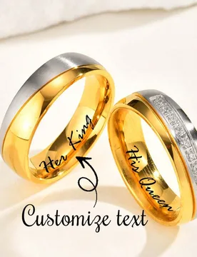 Piezas Anillos de pareja de acero inoxidable con circonita cúbica, anillos de boda color dorado, joyería personalizada con grabado láser de nombre - Shein - FashionsVida