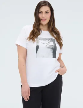 Camiseta de mujer de algodón con estampado de gato impresión fotográfica con aplicaciones luminosas - Fiorella Rubino - FashionsVida