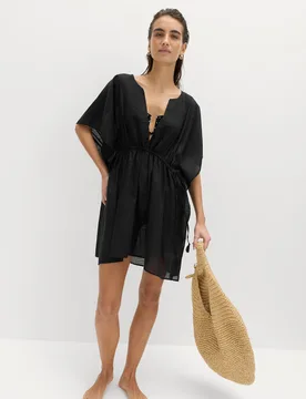 Pure Cotton Tie Detail Mini Kaftan Dress Black female - M&S - FashionsVida