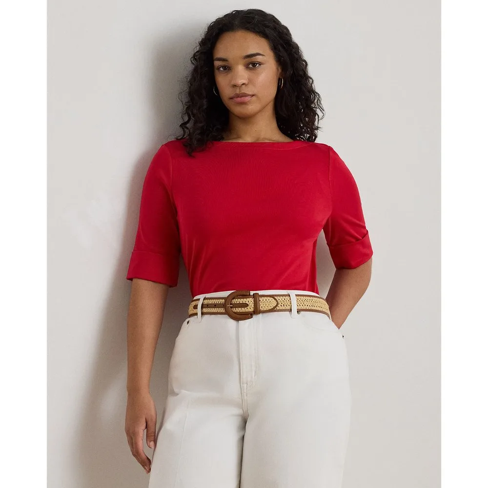Camiseta de mujer talla grande de algodón con cuello barco - Lauren Ralph Lauren Woman - FashionsVida