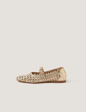 Leather Metallic Woven Flat Ballet Pumps Silver female - Monsoon - FashionsVida