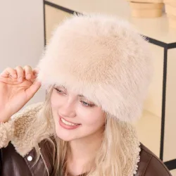 Women's Faux Fur Soft Fluffy Winter Warm Plush Round Hat in Beige - Beige - Size: One Size
