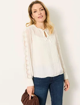 Embroidered Lace Tie Neck Blouse Ivory female - Fatface - FashionsVida
