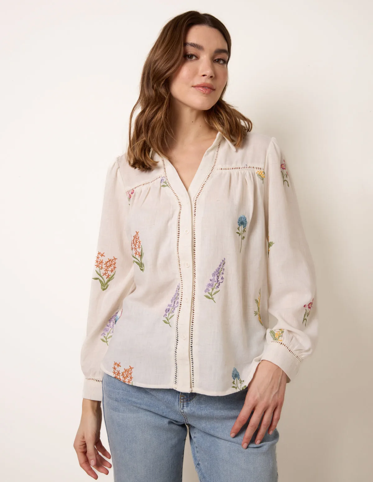 Long Sleeve Embroidered Button Front Blouse - L / STONE - female - Blue Vanilla - FashionsVida