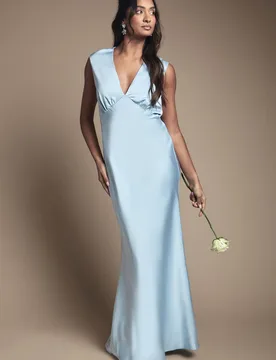 Women's Light Blue Satin Open Back Detail Maxi Bridesmaid Dress Size: 6 - Light Blue - Size: 6 - OASIS - FashionsVida