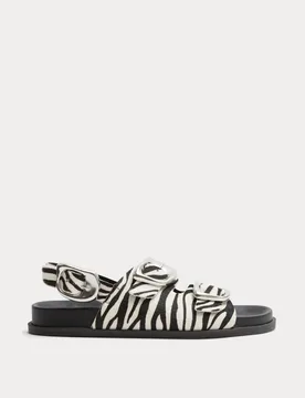 Leather Buckle Animal Print Flat Sandals Black Mix female - M&S - FashionsVida