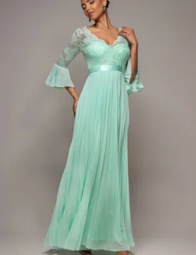 Women's Scalloped Lace Bodice Pleated Chiffon A Line Maxi Dress in Mint Size: 12 - Mint - Size: 12 - Goddiva - FashionsVida