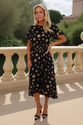 Women's Black & Stone Polka Dot Puff Sleeve Tie Waist Midi Dress Size: 8 - Black - Size: 8