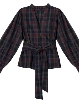 Blusa de mujer con escote pico, cuello plisado y cinturón a juego - The-Are - FashionsVida