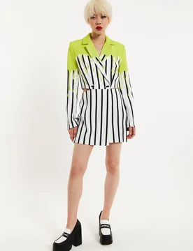 Women's Stripe Monochrome Acid Green Splash Skort Playsuit Size: 12 - Multicolor - Size: 12 - House of Holland - FashionsVida