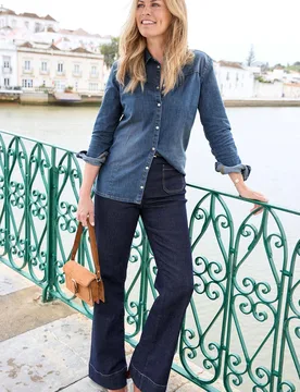 Women's Stretch Denim Shirt in Mid Blue Size: 14 - Mid Blue - Size: 14 - Cotton Traders - FashionsVida