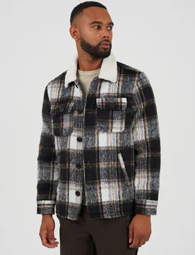 Brushed Check Mens Jacket with Sherpa Collar - - Size: S - Brave soul - FashionsVida