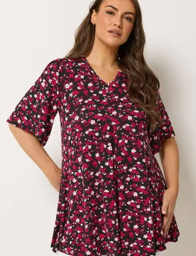 Floral Pleated Front Top - Black - Size: 22-24 - Yours - FashionsVida