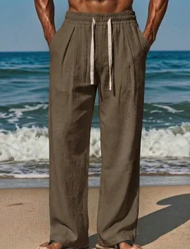 Pantalones de lino de unicolor holgados y casuales para hombre, vacaciones - Shein - FashionsVida