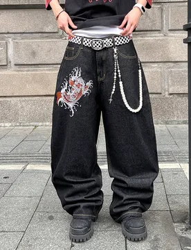 Jeans casuales de pierna ancha y suelta con bordado pesado, moda versátil y vintage para hombres - Shein - FashionsVida
