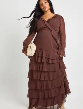 Womens Plus Chiffon Ruched Waist Skater Dress - Chocolate - Size 18 Uk - Boohoo - FashionsVida