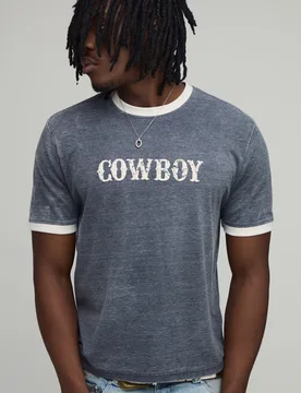 Mens Tall Regular Ringer Slub Cowboy Club Puff Print T-Shirt - Black Cotton - Size X-Large - boohooMAN - FashionsVida
