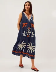Pure Cotton Embroidered Midi Shift Dress Navy Mix female